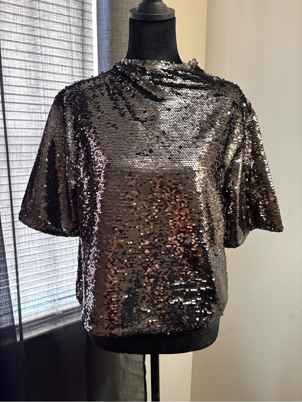 H&M Metallic Sequin Short Sleeve Top - Black/Silver